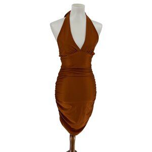 Halter Neck Ruched Midi Dress In Rust Size M